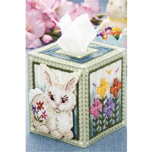 Floral Bunny Tissue Box Cover Plastic Canvas Pattern, Flower Rabbit