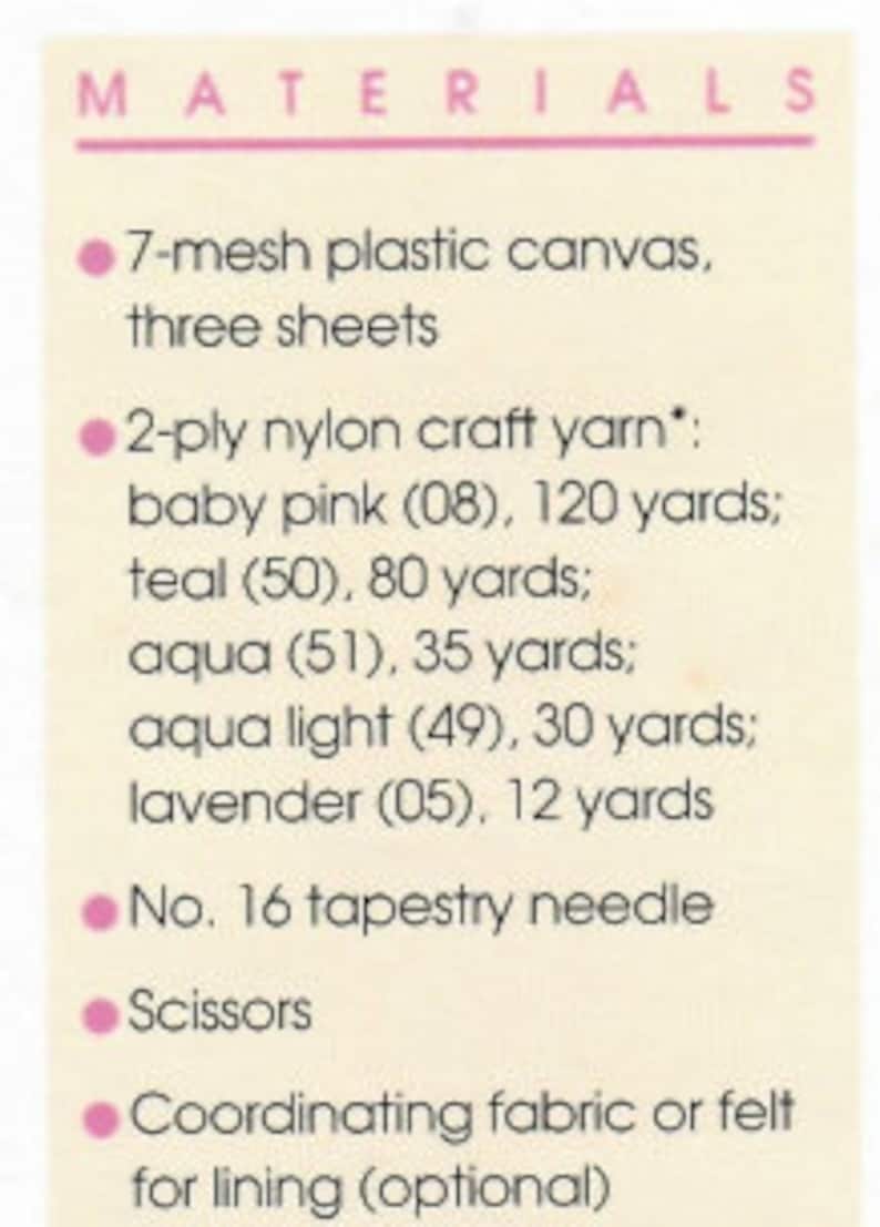 May include: A list of craft materials for a project, including 7-mesh plastic canvas sheets, nylon craft yarn in various colors and yardages, a tapestry needle, scissors, and optional lining fabric.