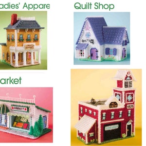 Mini Village Firehouse, Ladies Apparel Shop, Market, Quilt Shop Set Plastic Canvas Pattern