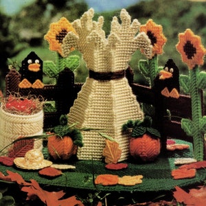 Fall Harvest Centerpiece Plastic Canvas Pattern, Crow, Pumpkin, Cornstalk, Sunflower