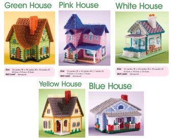 Mini Village Houses Set Plastic Canvas Pattern, Blue, Green, White, Yellow, Pink