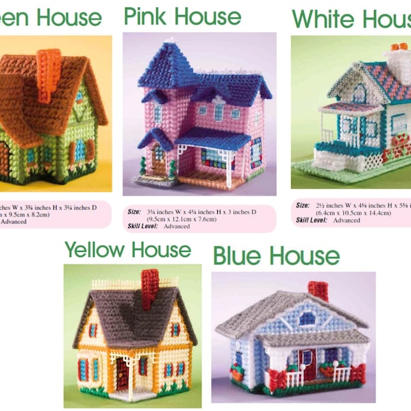 Mini Village Houses Set Plastic Canvas Pattern, Blue, Green, White, Yellow, Pink