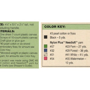May include: A color key for a craft project using plastic canvas, embroidery floss, and yarn. The key includes color numbers and names, such as #23 Fern, #29 Forest, and #41 White. The project requires 7-count and 10-count plastic canvas, craft glue, and #3 pearl cotton or six-strand embroidery floss.