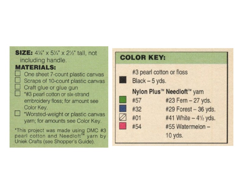 May include: A color key for a craft project using plastic canvas, embroidery floss, and yarn. The key includes color numbers and names, such as #23 Fern, #29 Forest, and #41 White. The project requires 7-count and 10-count plastic canvas, craft glue, and #3 pearl cotton or six-strand embroidery floss.