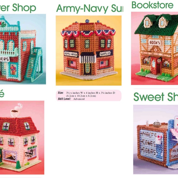 Mini Village Army Navy, boekwinkel, café, bloemenwinkel, snoepwinkelset kunststof canvaspatroon