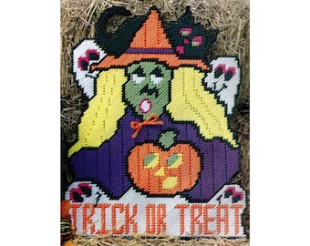 Trick or Treat Wall Hanging  Plastic Canvas Pattern, Witch, Ghost, Jack O Lantern