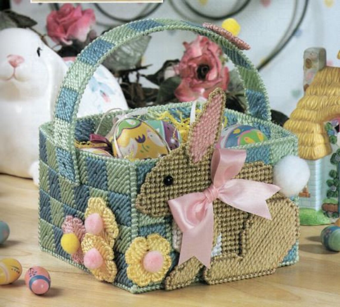 Bunny Easter Basket Plastic Canvas Pattern Floral Easter Etsy