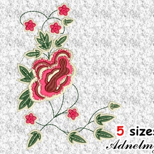 May include: Embroidered floral design with a large pink flower and smaller pink flowers, green leaves, and a white background. The text "5 sizes Admelmy" is in the lower right corner.