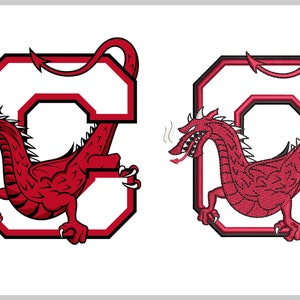 May include: Red embroidered patch with a white outline of the letter "C" and a red dragon inside the letter. The dragon has a long tail that wraps around the letter and a small tail that curls up behind the dragon's head. The dragon has a red body with black eyes and a black nose.