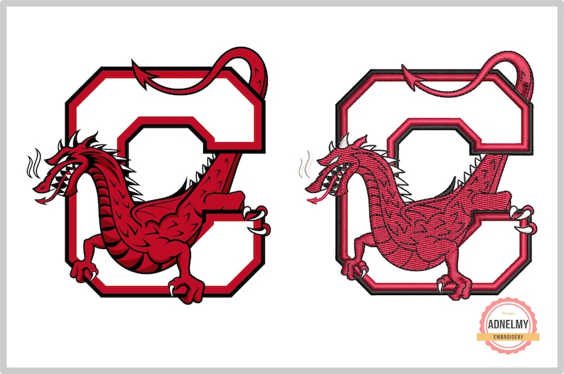 May include: Red embroidered patch with a white outline of the letter "C" and a red dragon inside the letter. The dragon has a long tail that wraps around the letter and a small tail that curls up behind the dragon's head. The dragon has a red body with black eyes and a black nose.