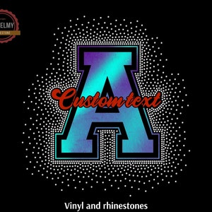 May include: A large letter A with a blue and purple gradient inside a black outline. The letter is surrounded by white dots, and the text "Custom text" is written in red above the letter.