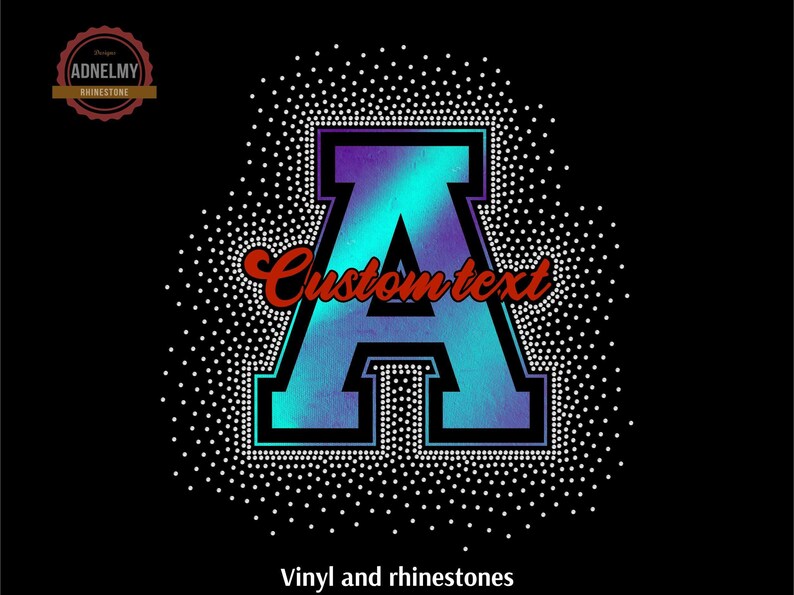 May include: A large letter A with a blue and purple gradient inside a black outline. The letter is surrounded by white dots, and the text "Custom text" is written in red above the letter.