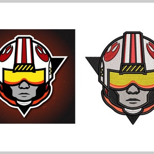 May include: A red, white, and black embroidered patch of a pilot wearing a helmet with a yellow visor. The patch is shaped like a star and has the text "ADNELMY EMBROIDERY" on a gold circle.