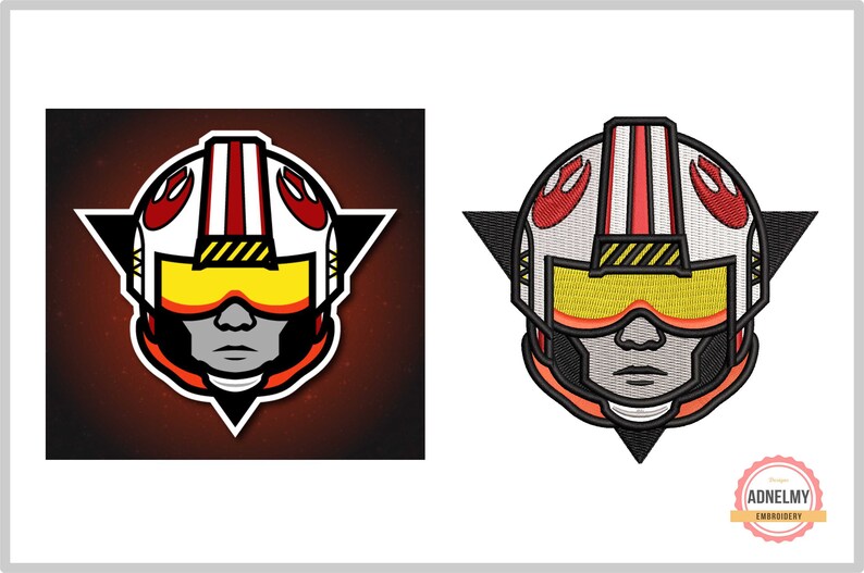 May include: A red, white, and black embroidered patch of a pilot wearing a helmet with a yellow visor. The patch is shaped like a star and has the text "ADNELMY EMBROIDERY" on a gold circle.