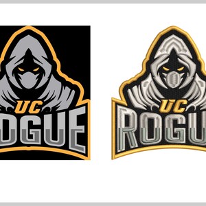 May include: A black and gold embroidered patch with a hooded figure and the text "UC Rogue".