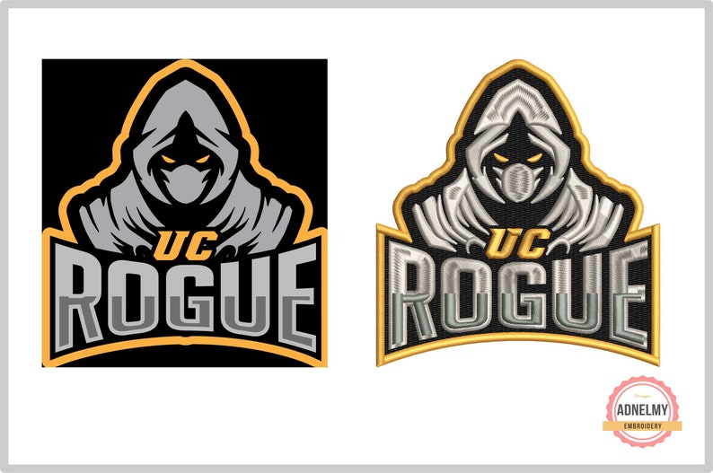 May include: A black and gold embroidered patch with a hooded figure and the text "UC Rogue".