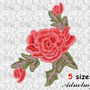 May include: Embroidered design of a pink rose with green leaves and a bud. The design is perfect for embroidery projects and comes in 5 sizes.