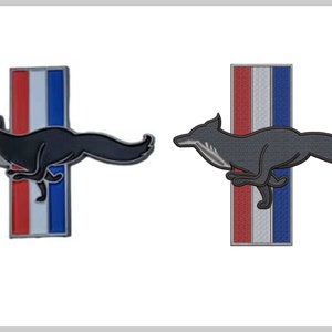 May include: Two embroidered patches featuring a black and white running horse with a red, white, and blue background. The patches are identical except for the color of the horse.