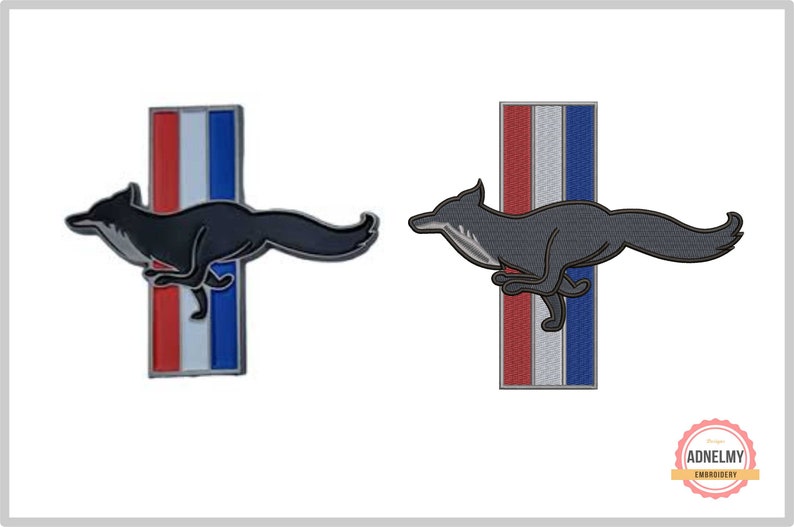 May include: Two embroidered patches featuring a black and white running horse with a red, white, and blue background. The patches are identical except for the color of the horse.