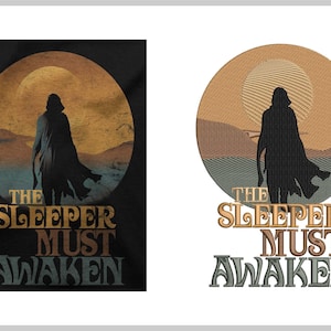 May include: A retro-style graphic design featuring a silhouette of a person walking towards a large, orange sun. The text "The Sleeper Must Awaken" is written in a vintage font below the image.