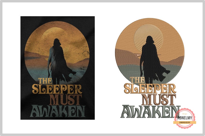 May include: A retro-style graphic design featuring a silhouette of a person walking towards a large, orange sun. The text "The Sleeper Must Awaken" is written in a vintage font below the image.