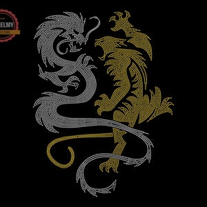 May include: A silver dragon and a gold lion facing each other in a rhinestone design.