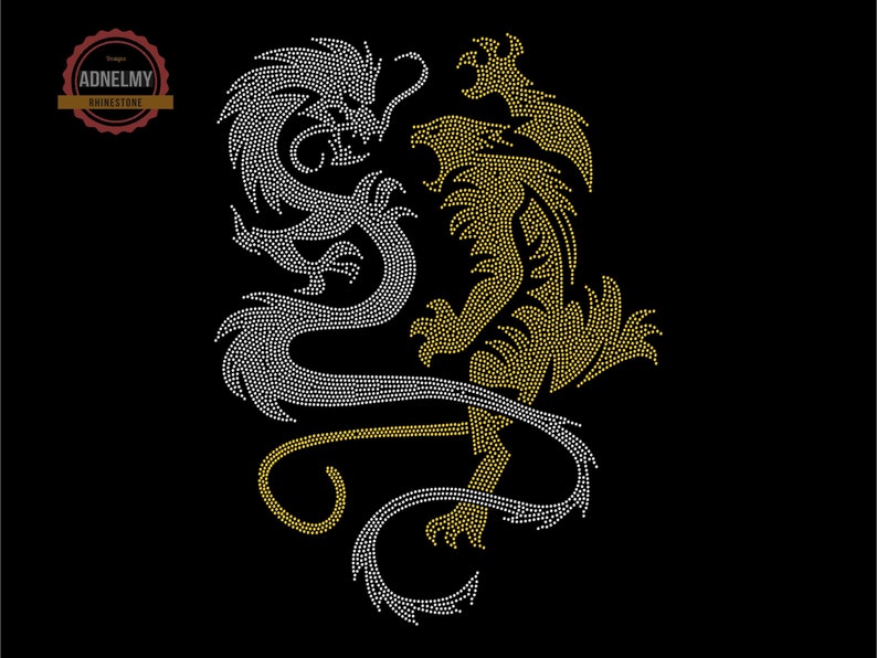 May include: A silver dragon and a gold lion facing each other in a rhinestone design.