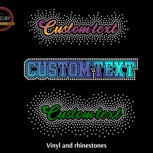May include: Three different designs for custom text using rhinestones. The first design is a cursive font with a rainbow gradient. The second design is a block font with a blue to green gradient. The third design is a cursive font with a green gradient. All designs are surrounded by white rhinestones.