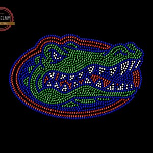 May include: A green, blue, and red alligator head design made of rhinestones. The design is on a black background.