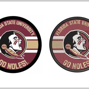 May include: A black and white embroidered patch with the words "Florida State University" and "Go Noles!" in a maroon and gold color scheme. The patch features a Seminole Indian head with a feather headdress.