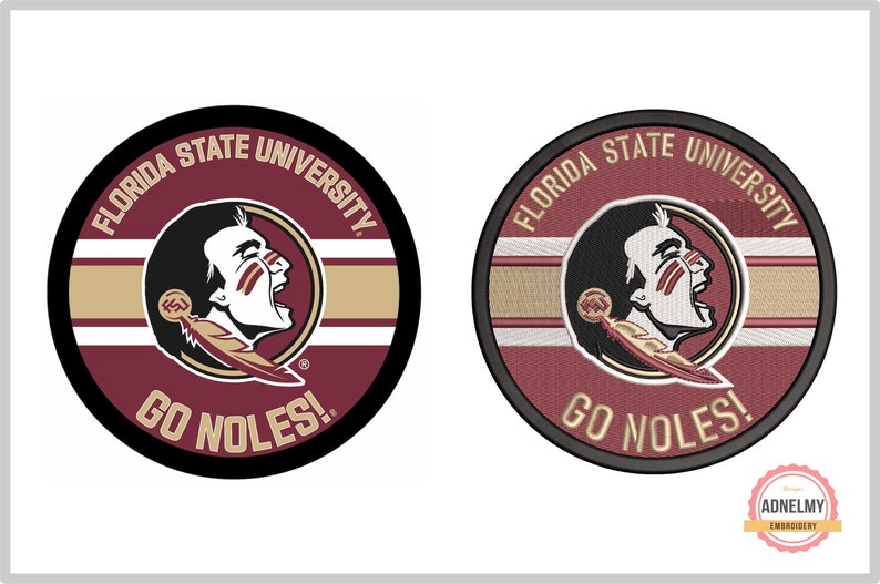 May include: A black and white embroidered patch with the words "Florida State University" and "Go Noles!" in a maroon and gold color scheme. The patch features a Seminole Indian head with a feather headdress.