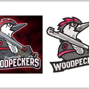 May include: A black and white embroidered patch of a cartoon woodpecker holding a baseball bat. The woodpecker is wearing a red and pink baseball uniform with a star on the sleeve. The text "Fayetteville WOODPECKERS" is embroidered in white on a black banner.