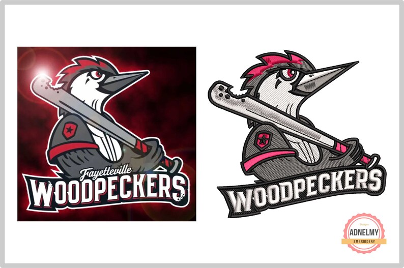 May include: A black and white embroidered patch of a cartoon woodpecker holding a baseball bat. The woodpecker is wearing a red and pink baseball uniform with a star on the sleeve. The text "Fayetteville WOODPECKERS" is embroidered in white on a black banner.