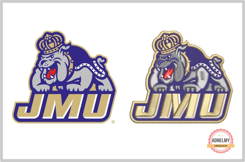 May include: A purple and gold embroidered patch featuring a bulldog wearing a crown and the letters "JMU".