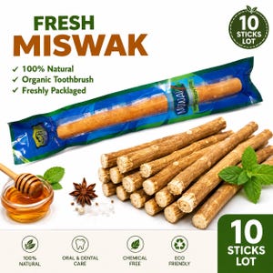 May include: A lot of 10 Miswak sticks, with one packaged in a blue and clear plastic wrapper labeled Fresh Miswak, 100% Natural, Organic Toothbrush, and Freshly Packaged. The set includes loose wooden sticks, a small bowl of honey, and mint leaves.