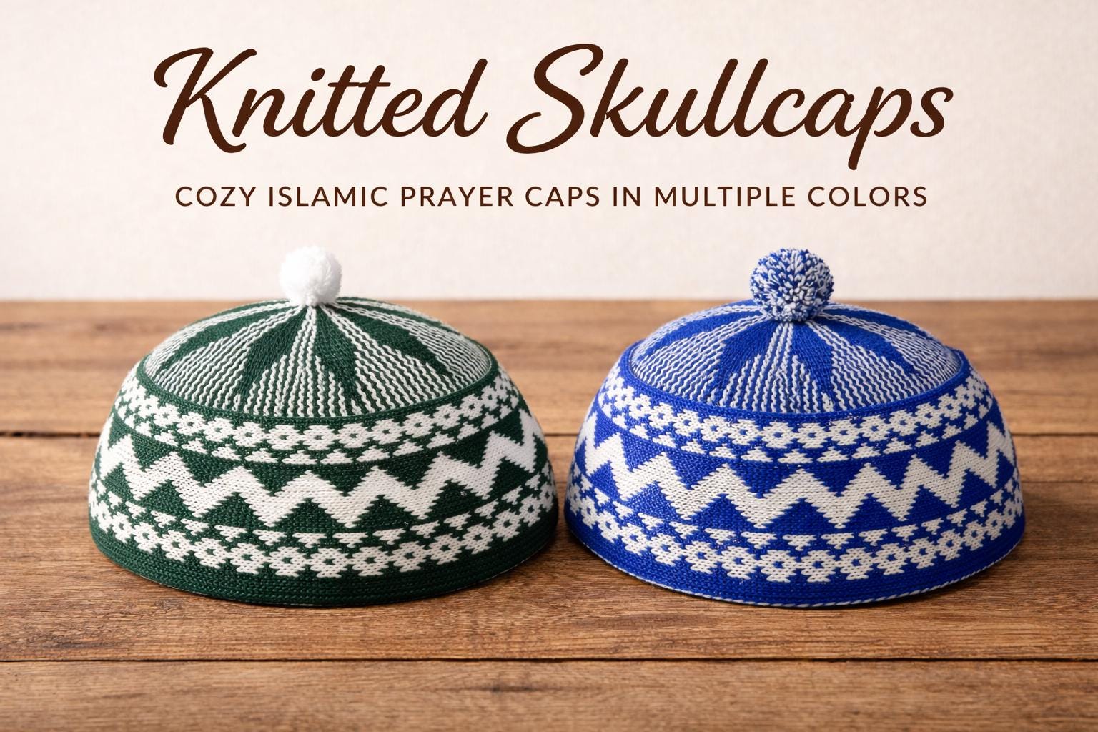 Kufi Hat Set Haji Taqiyah, Skull Cap, 2 Beanies Green and Blue
