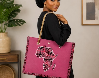 Handbag Print Tote Bag African Map Shoulder Purse Pink Ankara Bag Stylish Tote With Braided Handles And Africa Patch Design