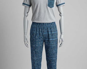 Men's Blue Abstract Stripe 2-Piece Matching Lounge Set | Grey Pocket Tee & Textured Pattern Pants Combo | Size XL / Large