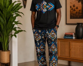 Festival Clothing African Print Matching Set | Ankara Wax T-Shirt and Jogger Pants Two-Piece Outfit Colorful Geometric Tribal Festival Wear