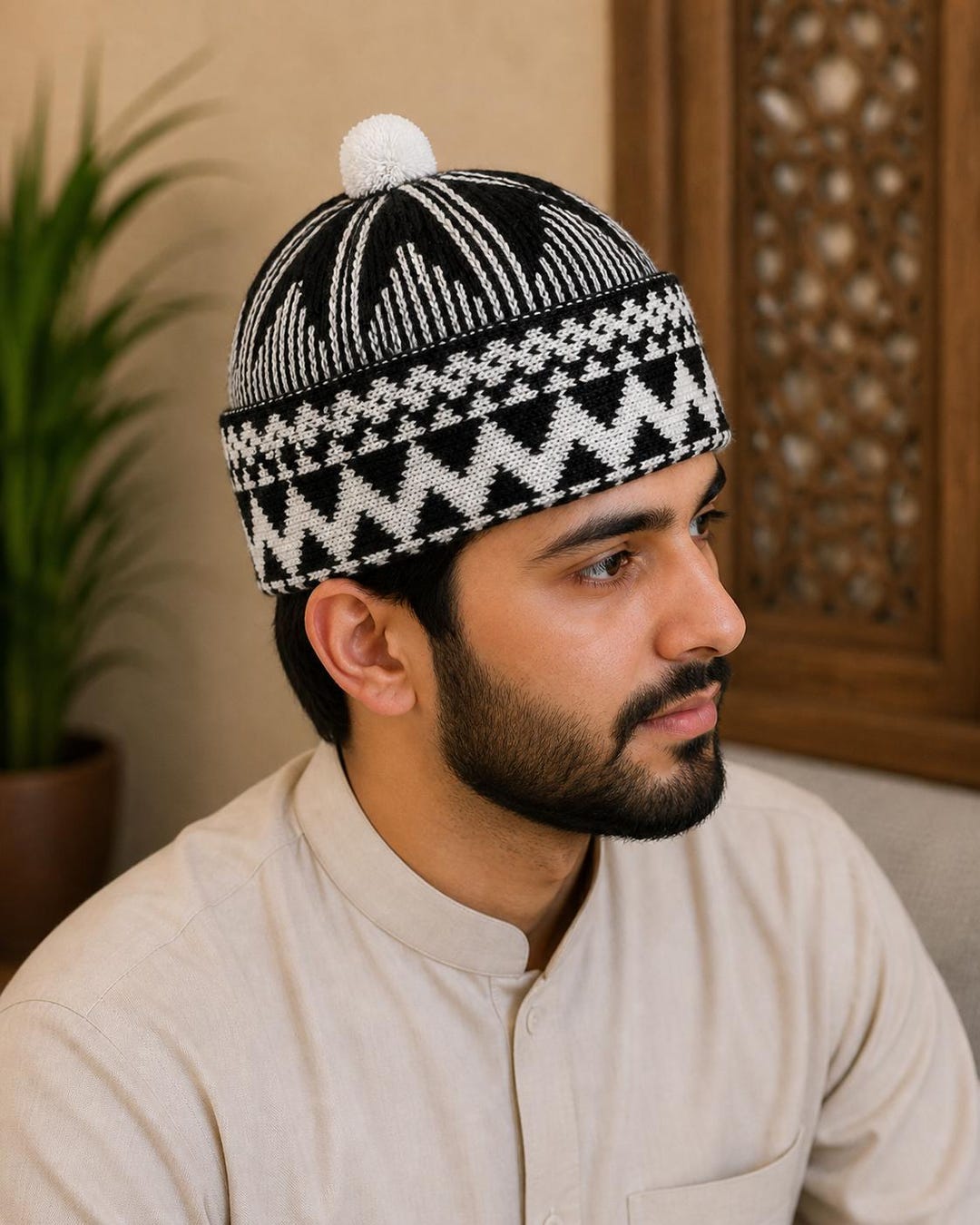 Black Kufi Hat Haji Cap Muslim Zigzag Beanie Skull Cap Senegalese