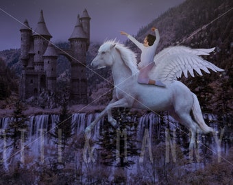 Pegasus digital backdrop with castle and waterfalls at twilight | flying white horse with wings digital background | composite