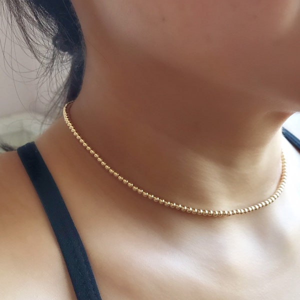 Dainty Gold Bead Necklace, Gold Beaded Choker, 14K Gold Fill 3mm Ball Necklace, Sterling Silver Bead Necklace, Small Gold Bead Layering Neck