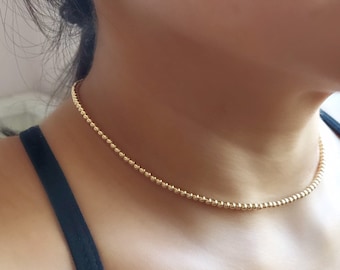 Dainty Gold Bead Necklace, Gold Beaded Choker, 14K Gold Fill 3mm Ball Necklace, Sterling Silver Bead Necklace, Small Gold Bead Layering Neck