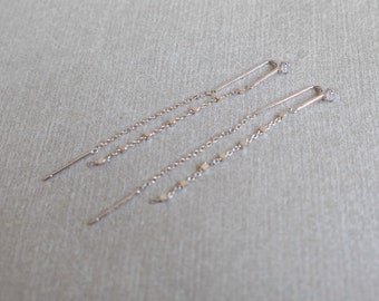 CZ Threader Earrings, CZ Earrings, Dainty Everyday Earrings, Long Dangle Earrings, Cubic Zirconia Drop Chain Earrings,  Silver Chain Earring