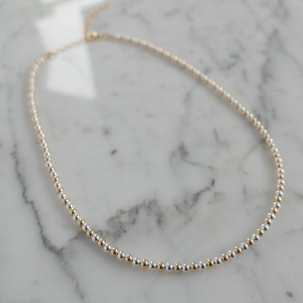 Collier de perles d’or et d’argent de 3 mm Mélange de métaux, collier de perles alternées en or et en argent, collier de perles interchangeables en argent d’or