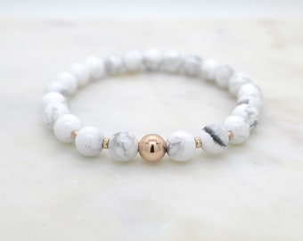 8mm White Howlite Gold Filled Bracelet, Gemstone & Gold Bracelet, Gold Filled Bead Bracelet, Mala Bracelet, Stacking Bracelet, Gift for Her