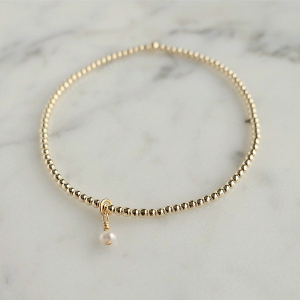 Tiny Gold Beaded Bracelet with Pearl Charm, Dainty Gold Stacking Bracelet, 14K Gold Filled Bead, Sterling Silver Ball Bracelet