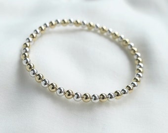 4mm Gold Filled and Silver Beaded Bracelet Mixed Metals, Gold Silver Alternating Bead Bracelet, Gold Silver Interchanging beaded Bracelet