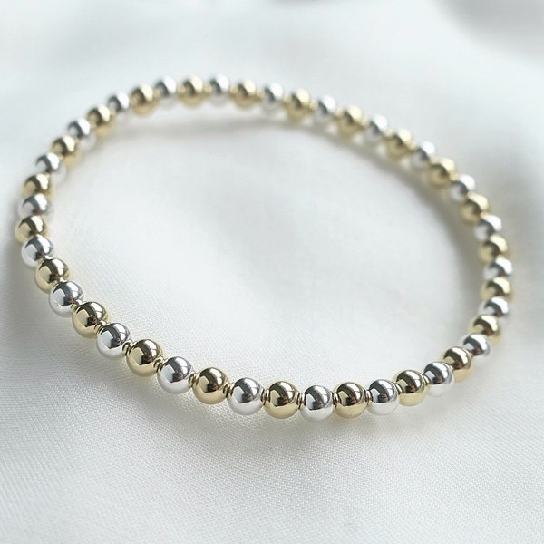 Bracelet rempli d’or de 4 mm et perlé d’argent Métaux mixtes, Bracelet de perles alternées d’or et d’argent, Bracelet de perles interchangeables en argent d’or