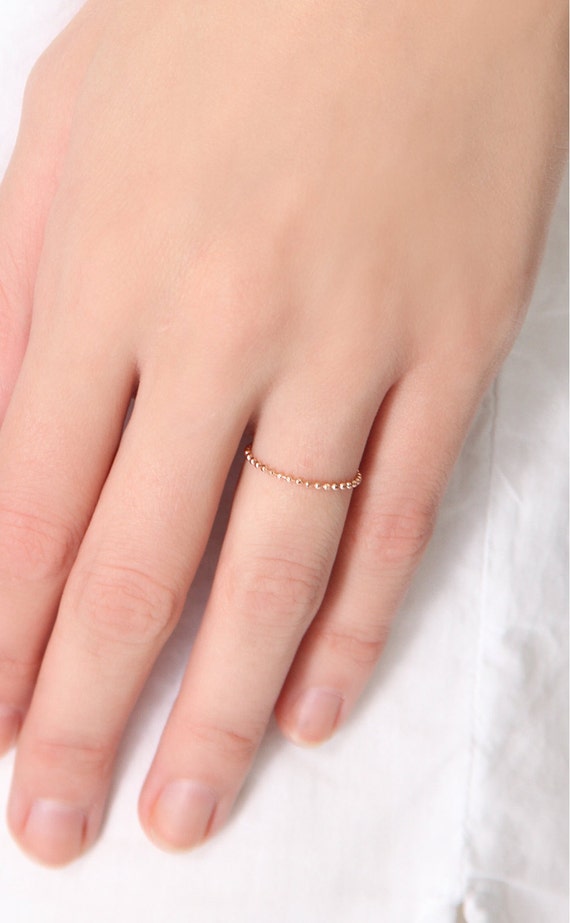 14K Solid Gold Beaded Ring Minimalist Dainty Bead Stacking Matching Ring